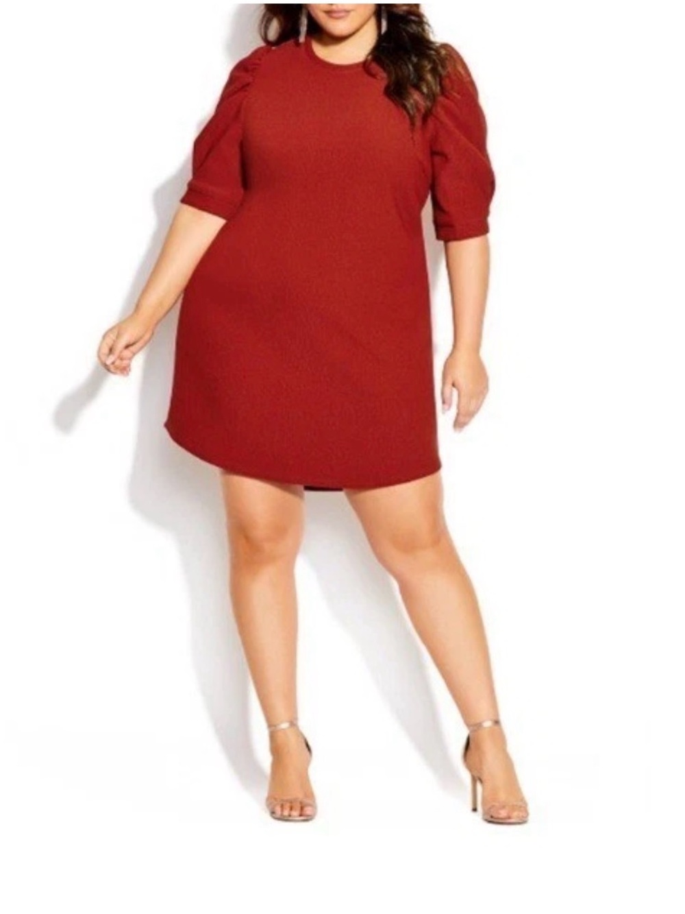 City Chic Brick Red Puff Sleeve Mini Dress